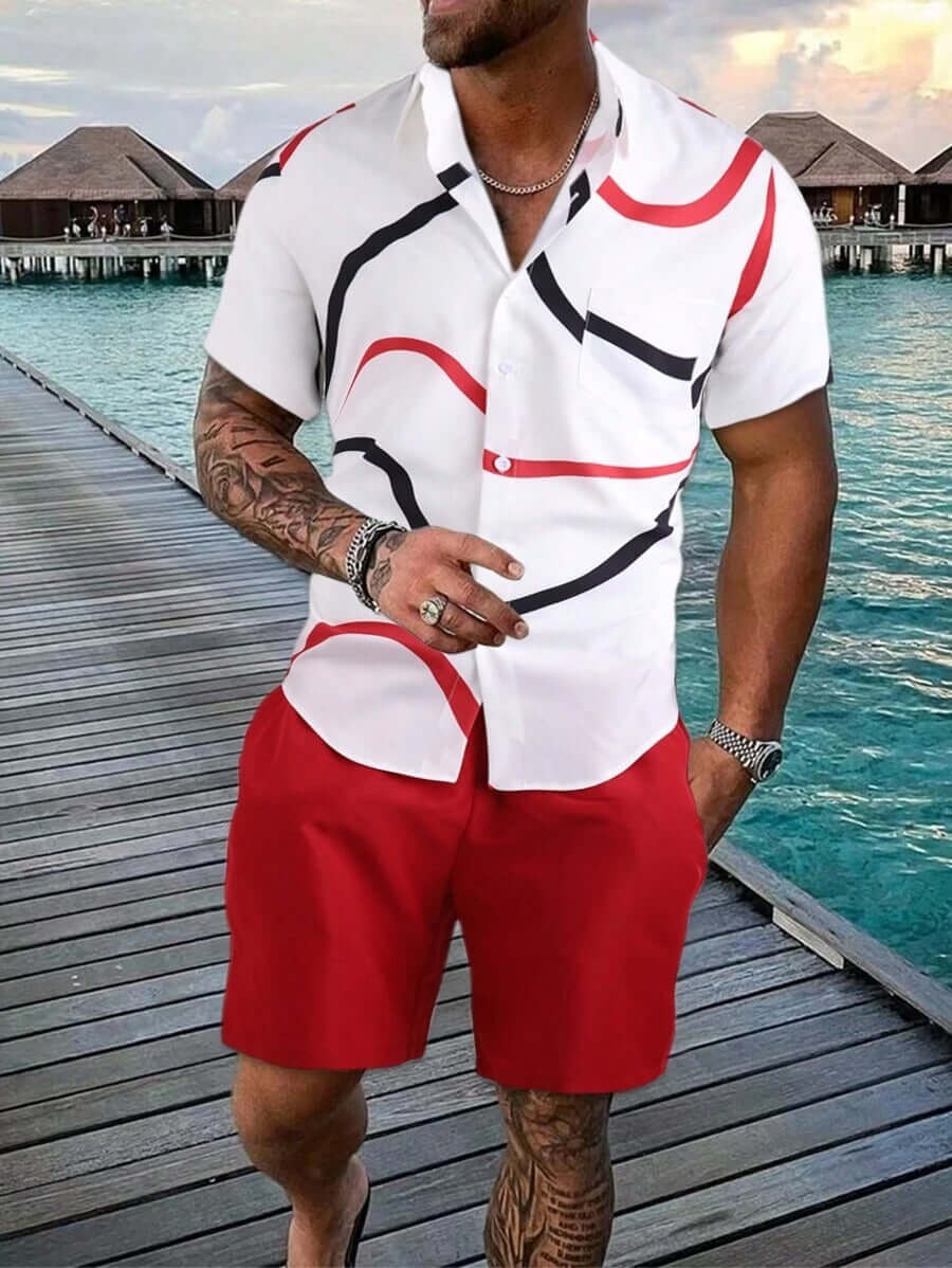 Men’s Summer 2-Piece Set – Short Sleeve Geometric Shirt & Shorts Casual Outfit | Phonax Services