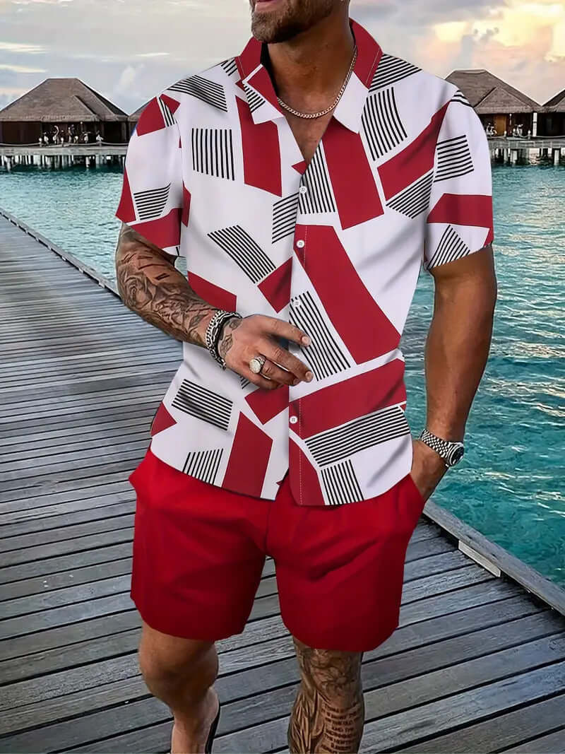 Men’s Summer 2-Piece Set – Short Sleeve Geometric Shirt & Shorts Casual Outfit | Phonax Services