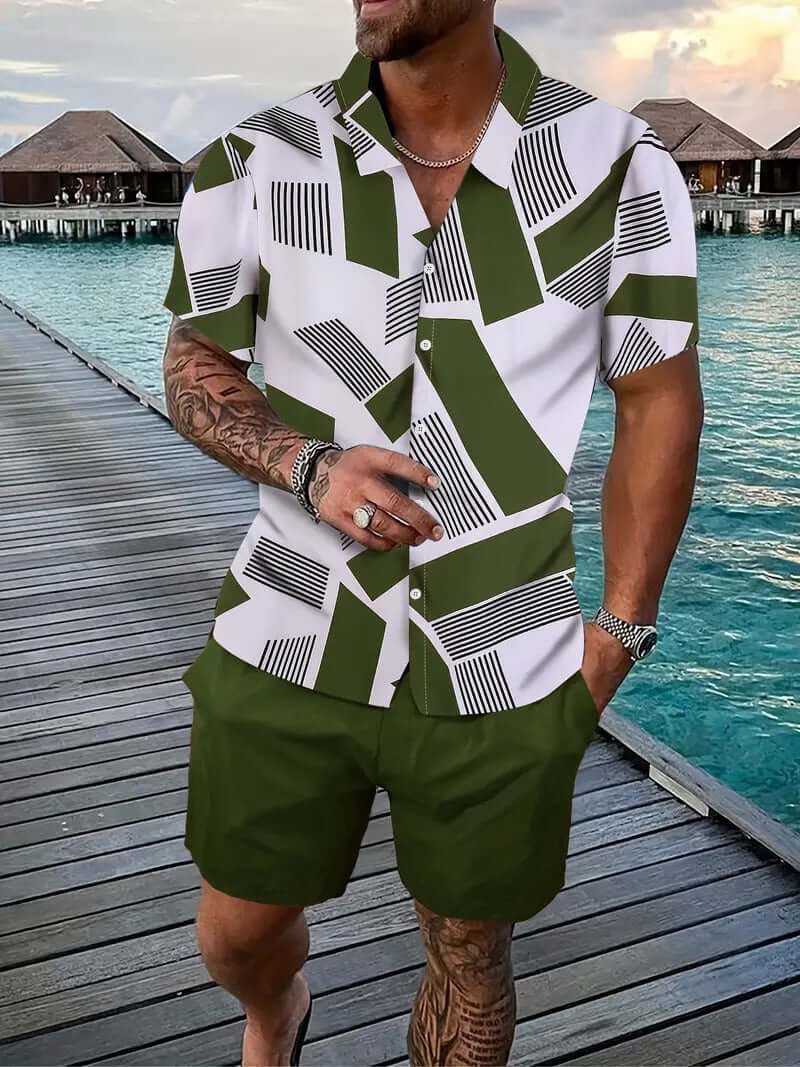 Men’s Summer 2-Piece Set – Short Sleeve Geometric Shirt & Shorts Casual Outfit | Phonax Services
