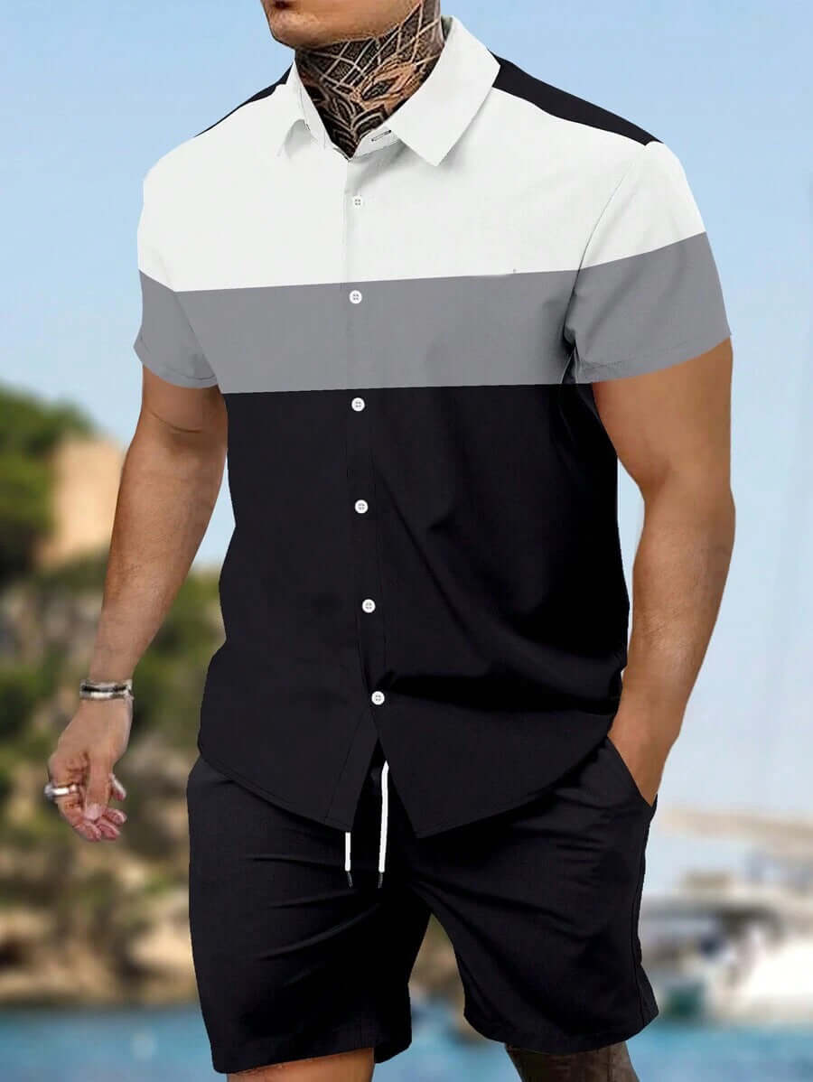 Men’s Summer 2-Piece Set – Short Sleeve Geometric Shirt & Shorts Casual Outfit | Phonax Services