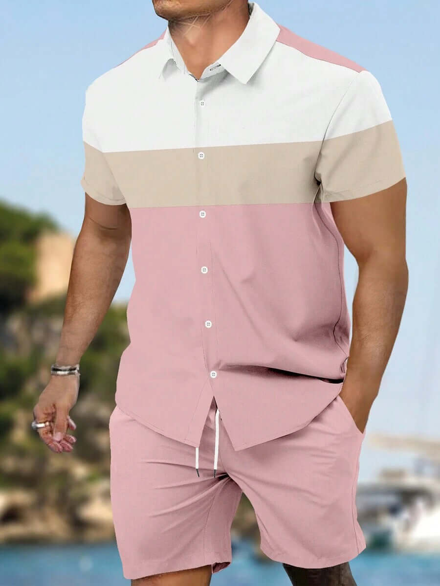 Men’s Summer 2-Piece Set – Short Sleeve Geometric Shirt & Shorts Casual Outfit | Phonax Services