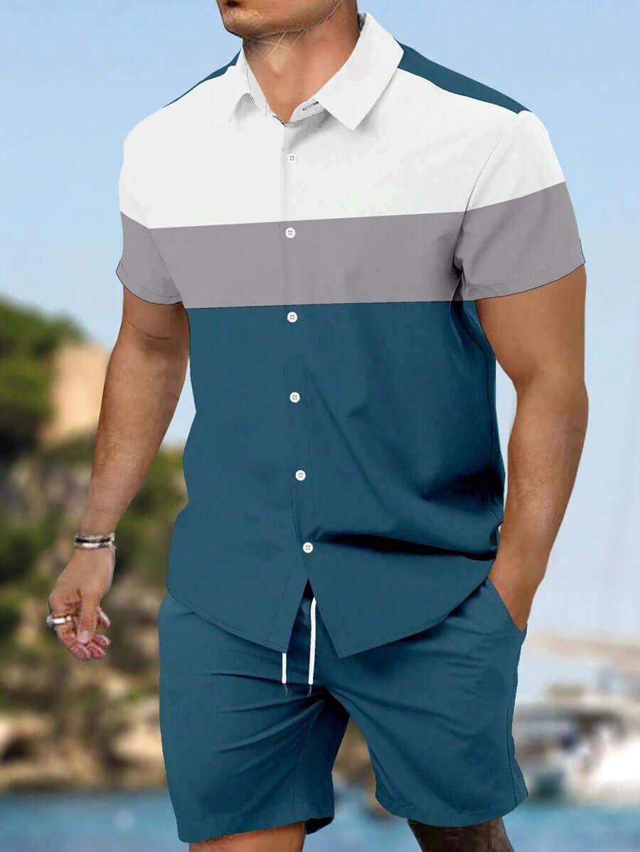 Men’s Summer 2-Piece Set – Short Sleeve Geometric Shirt & Shorts Casual Outfit | Phonax Services