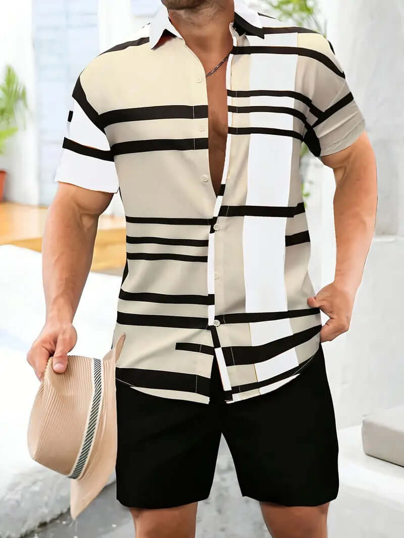 Men’s Summer 2-Piece Set – Short Sleeve Geometric Shirt & Shorts Casual Outfit | Phonax Services