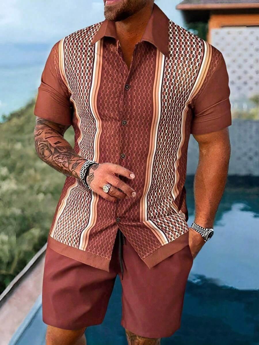 Men’s Summer 2-Piece Set – Short Sleeve Geometric Shirt & Shorts Casual Outfit | Phonax Services