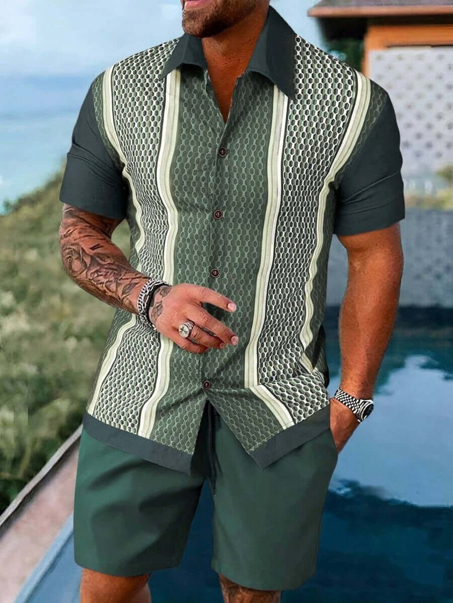 Men’s Summer 2-Piece Set – Short Sleeve Geometric Shirt & Shorts Casual Outfit | Phonax Services