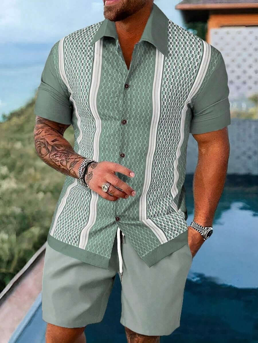 Men’s Summer 2-Piece Set – Short Sleeve Geometric Shirt & Shorts Casual Outfit | Phonax Services