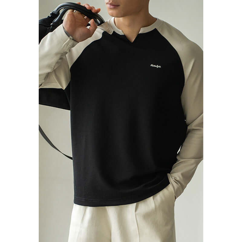 Men’s V-Collar Contrast Sleeve Pullover – Loose Fit Drop-Shoulder Sweater | Phonax Services