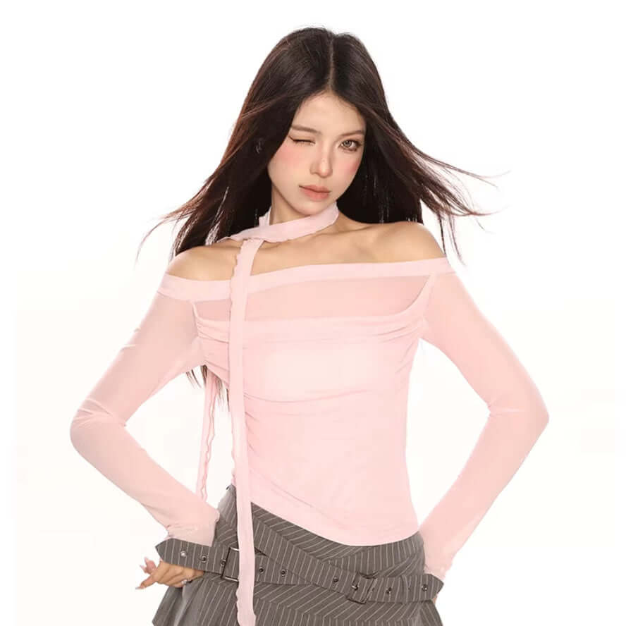 Pure Desire Sexy Off-the-Shoulder T-Shirt – Pleated Slim-Fit Design with Scarf | Phonax Services