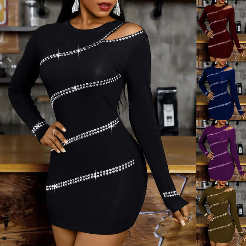 Glamourista Rhinestone Slim-Fit Sheath Dress – Elegant Off-Shoulder Design | Phonax Services