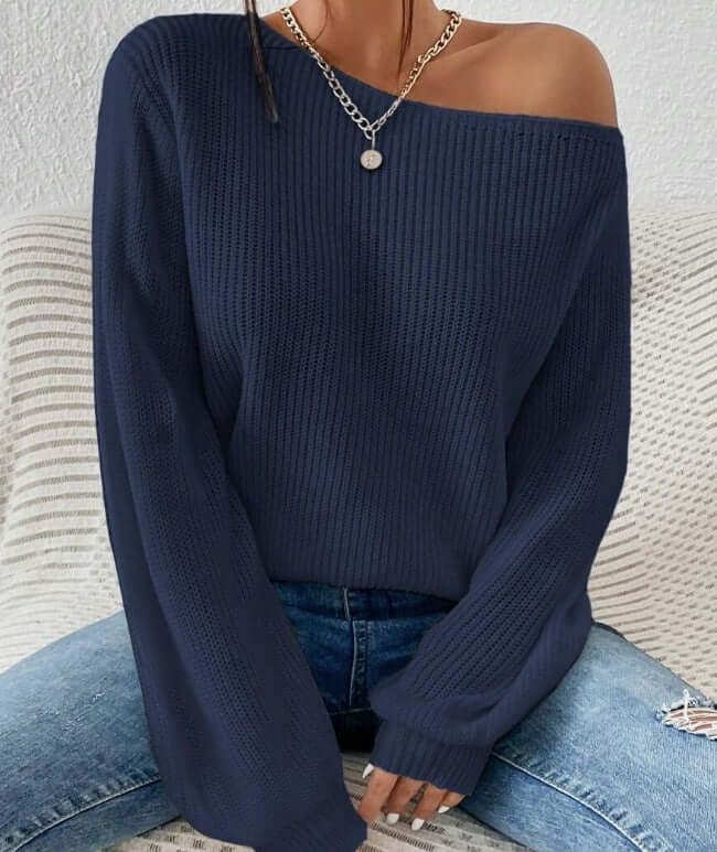 YourBrand Solid Ribbed Knit Asymmetrical Shoulder Sweater – Stylish Drop Shoulder Design | Phonax Services