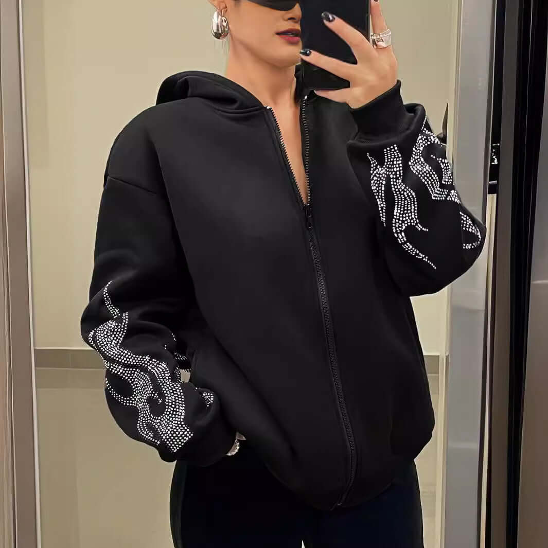 Street Trend Flame Rhinestone Hooded Sweater – Stylish Loose Fit with Trendy Flame Design | Phonax Services