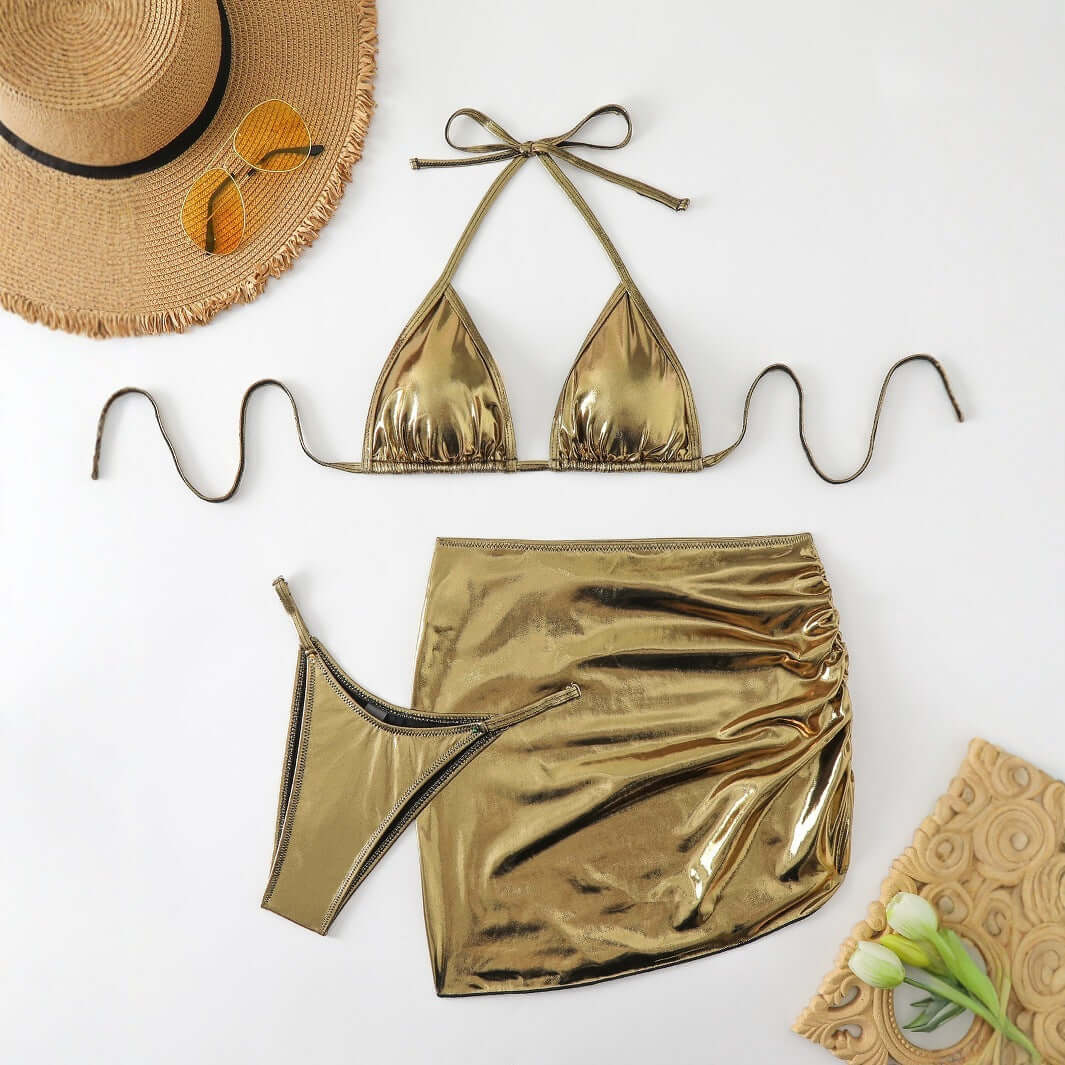 GoldenWave Women's 3-Piece Golden Swimsuit Set – Sexy Halter Top with Mini Skirt | Phonax Services