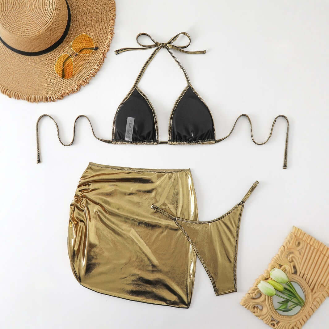 GoldenWave Women's 3-Piece Golden Swimsuit Set – Sexy Halter Top with Mini Skirt | Phonax Services
