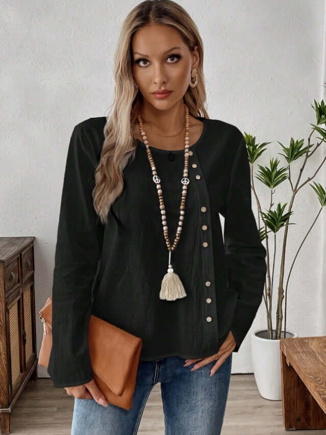 YourBrand Women's Solid Color Round Neck Long Sleeve Top – Semi-Sheer Comfort and Style | Phonax Services